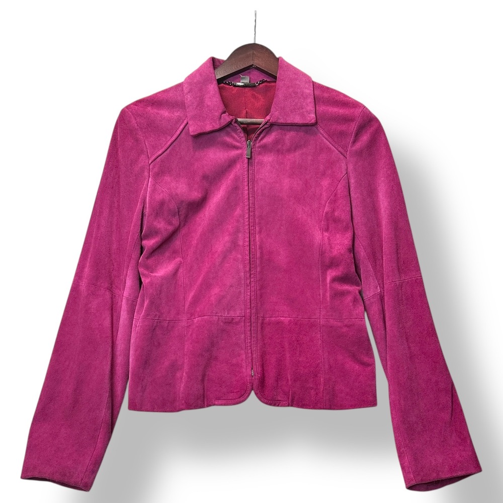 Ann Taylor Suede Leather Moto Jacket Pink Zip‎ Front Collar Women Retro Grunge S - Picture 2 of 7